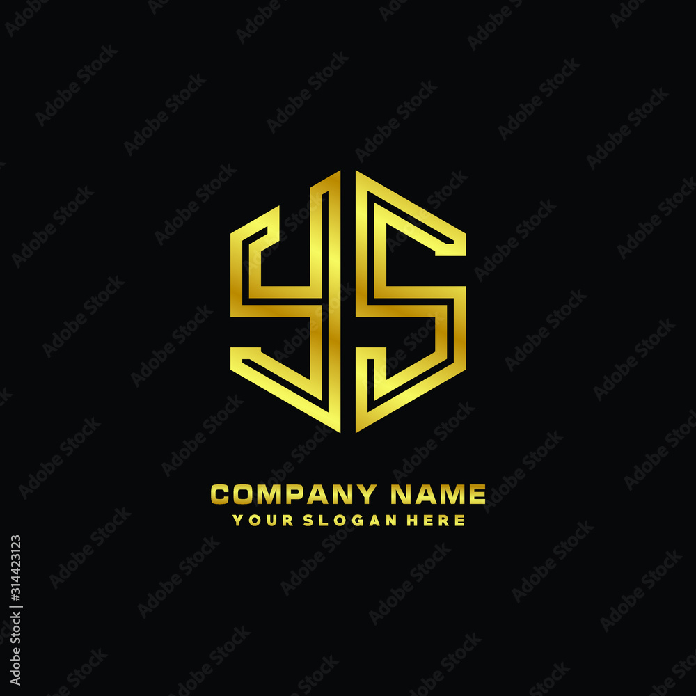 Initial letter YZ, minimalist line art monogram hexagon logo, gold color