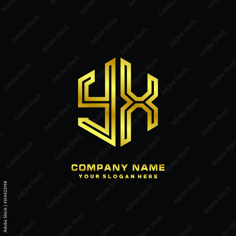 Initial letter YX, minimalist line art monogram hexagon logo, gold color Initial letter YX, minimalist line art monogram hexagon logo, gold color