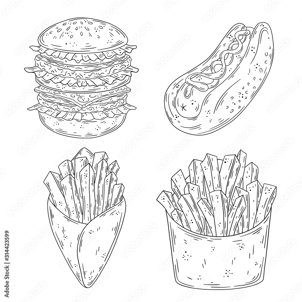 Hand drawn doodle fast food set. Burger, Hotdog, French Fries. Vector ...