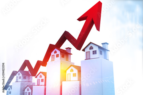 Real estate business growth graph. Arrow graph with house graph. 3d illustration .