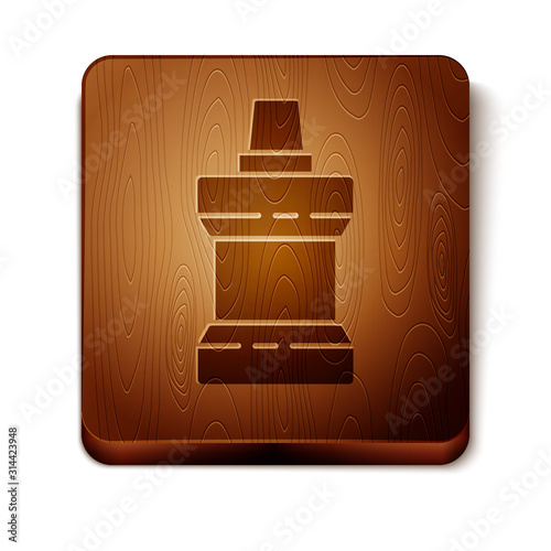 Brown Mouthwash plastic bottle icon isolated on white background. Liquid for rinsing mouth. Oralcare equipment. Wooden square button. Vector Illustration