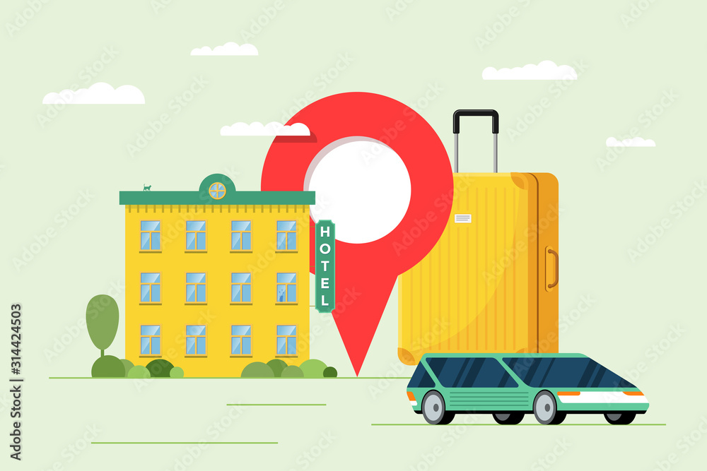 Obraz premium Hotel booking and car sharing service for tourism concept. Travel apartment and transport reservation. Motel building with baggage suitcase and location pin vector illustration