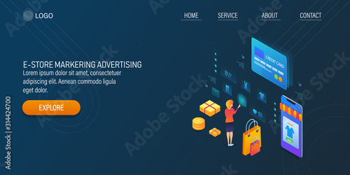 Ecommerce marketing, woman customer browsing product online, mobile shopping concept. Web banner template.