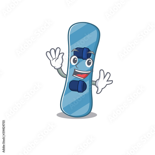 Waving friendly snowboard cartoon character in design