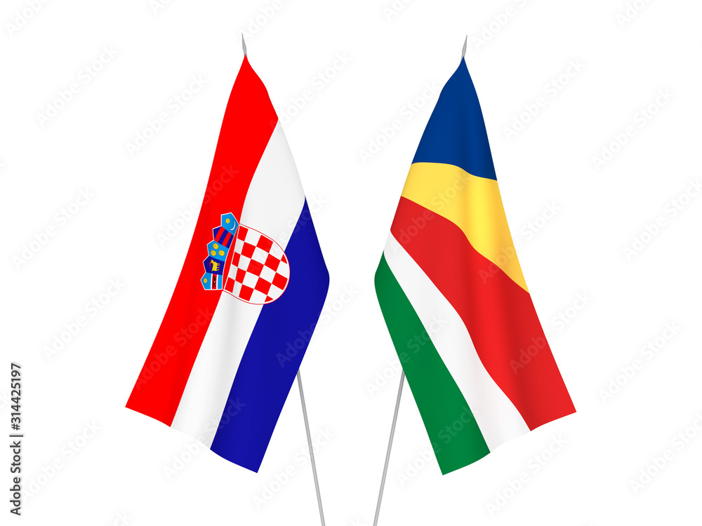 National fabric flags of Croatia and Seychelles isolated on white background. 3d rendering illustration.