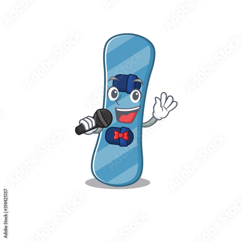Happy snowboard singing on a in microphone