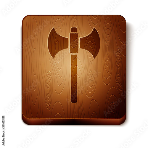 Brown Medieval axe icon isolated on white background. Battle axe, executioner axe. Wooden square button. Vector Illustration