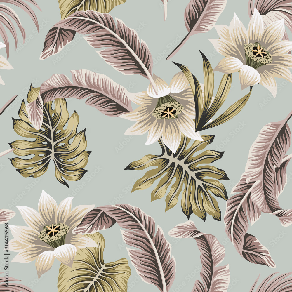 Tropical vintage white hibiscus, palm leaves floral seamless pattern grey background. Exotic jungle wallpaper. - obrazy, fototapety, plakaty 