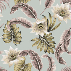 Fotobehang Hibiscus patronen Witte hibiscus palmbladeren grijze achtergrond  © good_mood