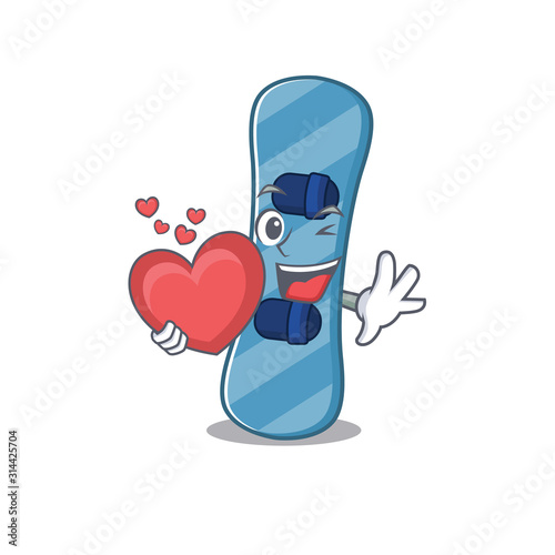 Funny Face snowboard cartoon character holding a heart