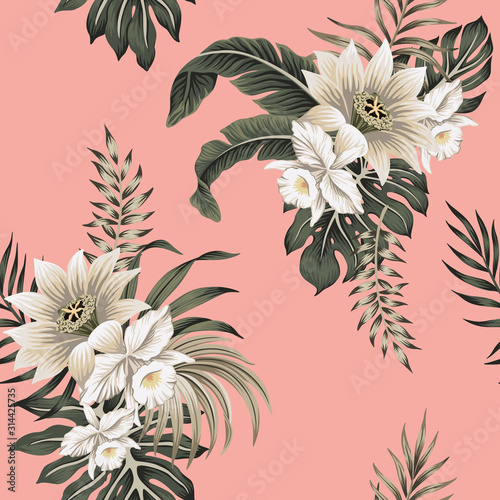 Tropical vintage white hibiscus, white orchid, palm leaves floral seamless pattern pink background. Exotic jungle wallpaper.