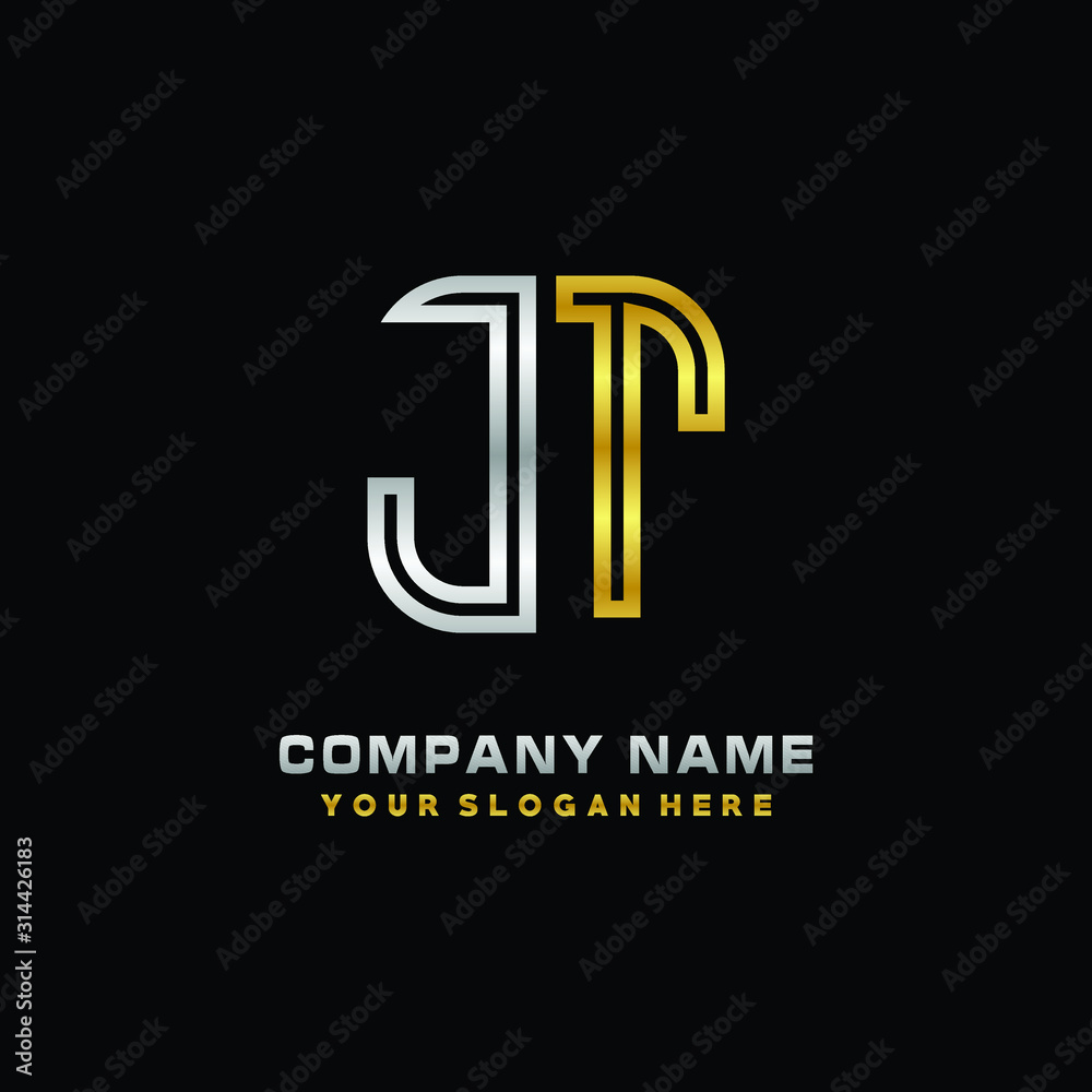 initial letter JT logo Abstract vector minimalist. letter logo gold and silver color initial letter JT logo Abstract vector minimalist. letter logo gold and silver color