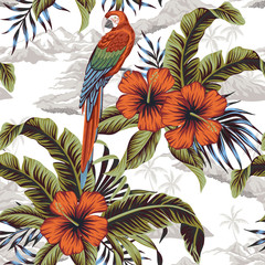 Handdoek met foto Papegaai patronen Vintage jungle met ara en hibiscus  © good_mood
