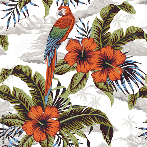 Tropical vintage palm leaves, island, banana leaves, hibiscus flower, macaw parrot, floral seamless pattern white background. Exotic jungle wallpaper.