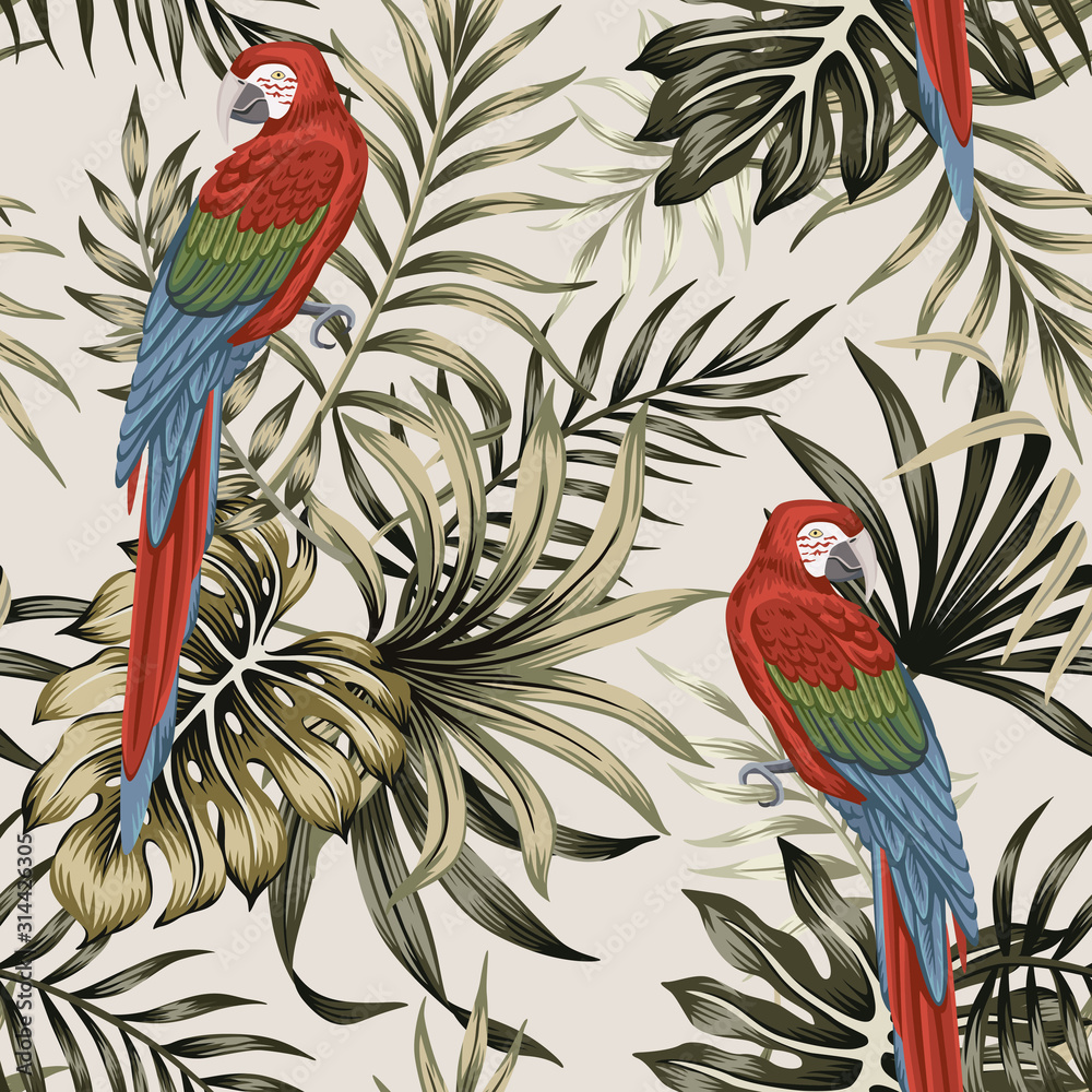 Tropical vintage macaw parrot, palm leaves floral seamless pattern beige  background. Exotic jungle wallpaper. Stock Vector | Adobe Stock