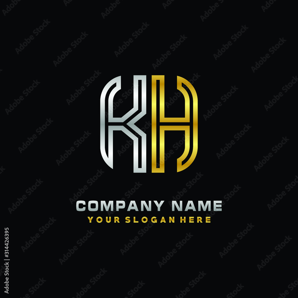 initial letter KH logo Abstract vector minimalist. letter logo gold and silver color initial letter KH logo Abstract vector minimalist. letter logo gold and silver color