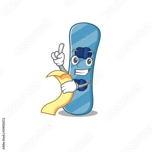 A funny cartoon character of snowboard with a menu
