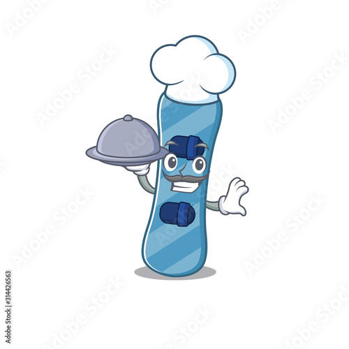 cartoon design of snowboard as a Chef having food on tray