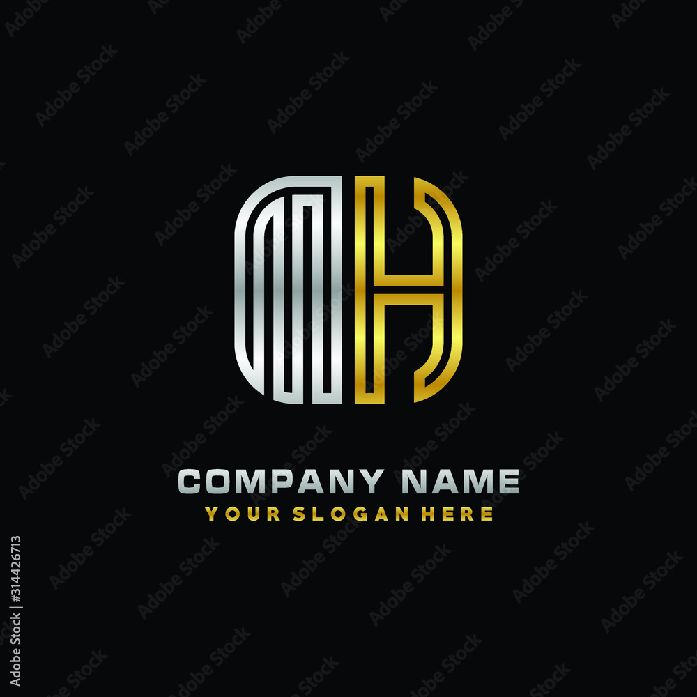initial letter MH logo Abstract vector minimalist. letter logo gold and silver color initial letter MH logo Abstract vector minimalist. letter logo gold and silver color