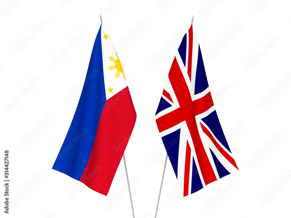 National fabric flags of Great Britain and Philippines isolated on white background. 3d rendering illustration.