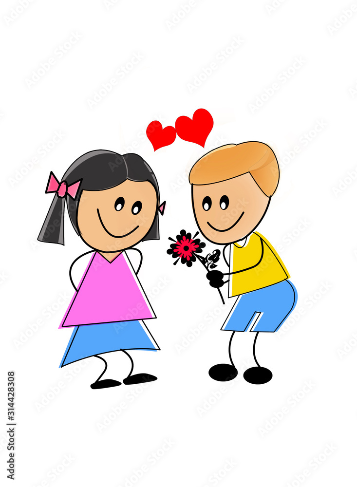 young boy cartoon offer red flower to a cute girl on valentine's day on white background with red heart young boy cartoon offer red flower to a cute girl on valentine's day on white background with red heart