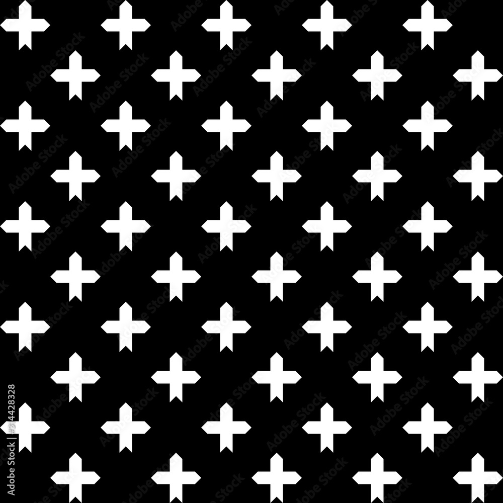 White cross sign or plus symbol repeat pattern on black background vector. Cross logo background.