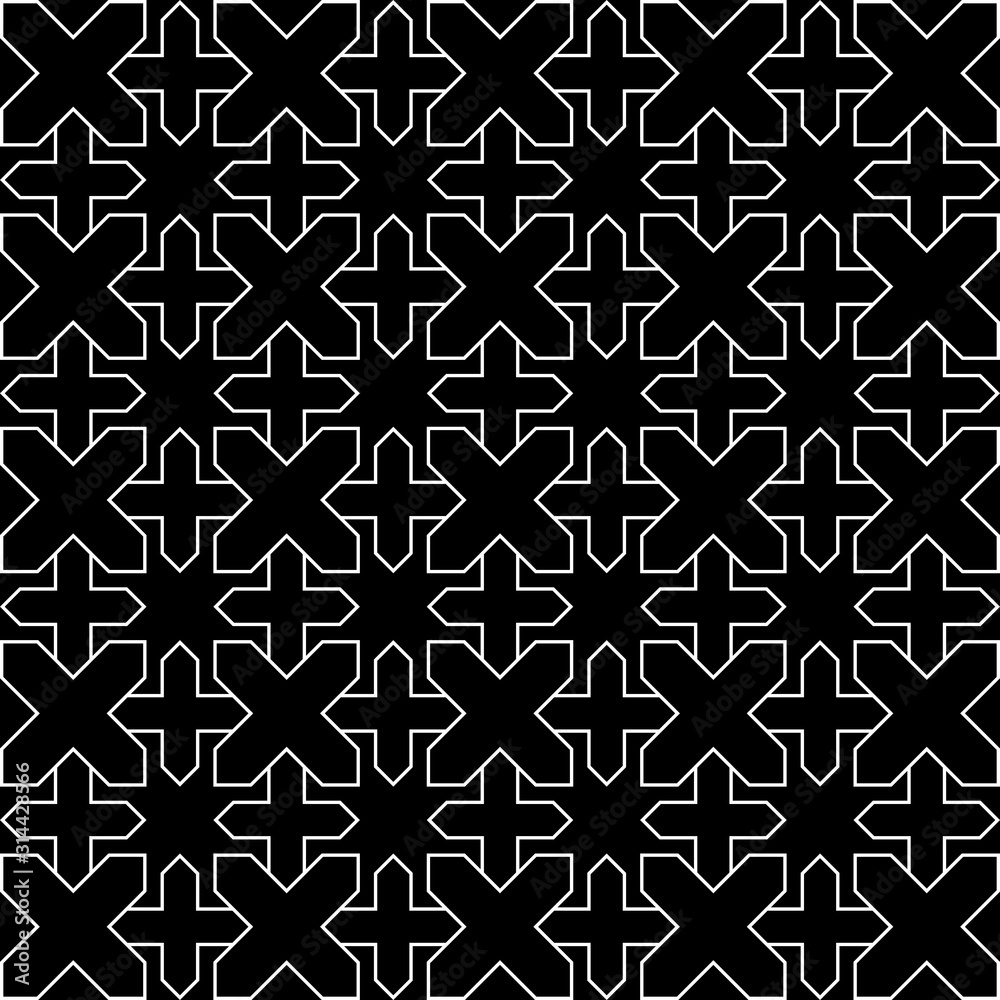 Black x cross sign and plus symbol repeat pattern on black background vector. Cross logo background.