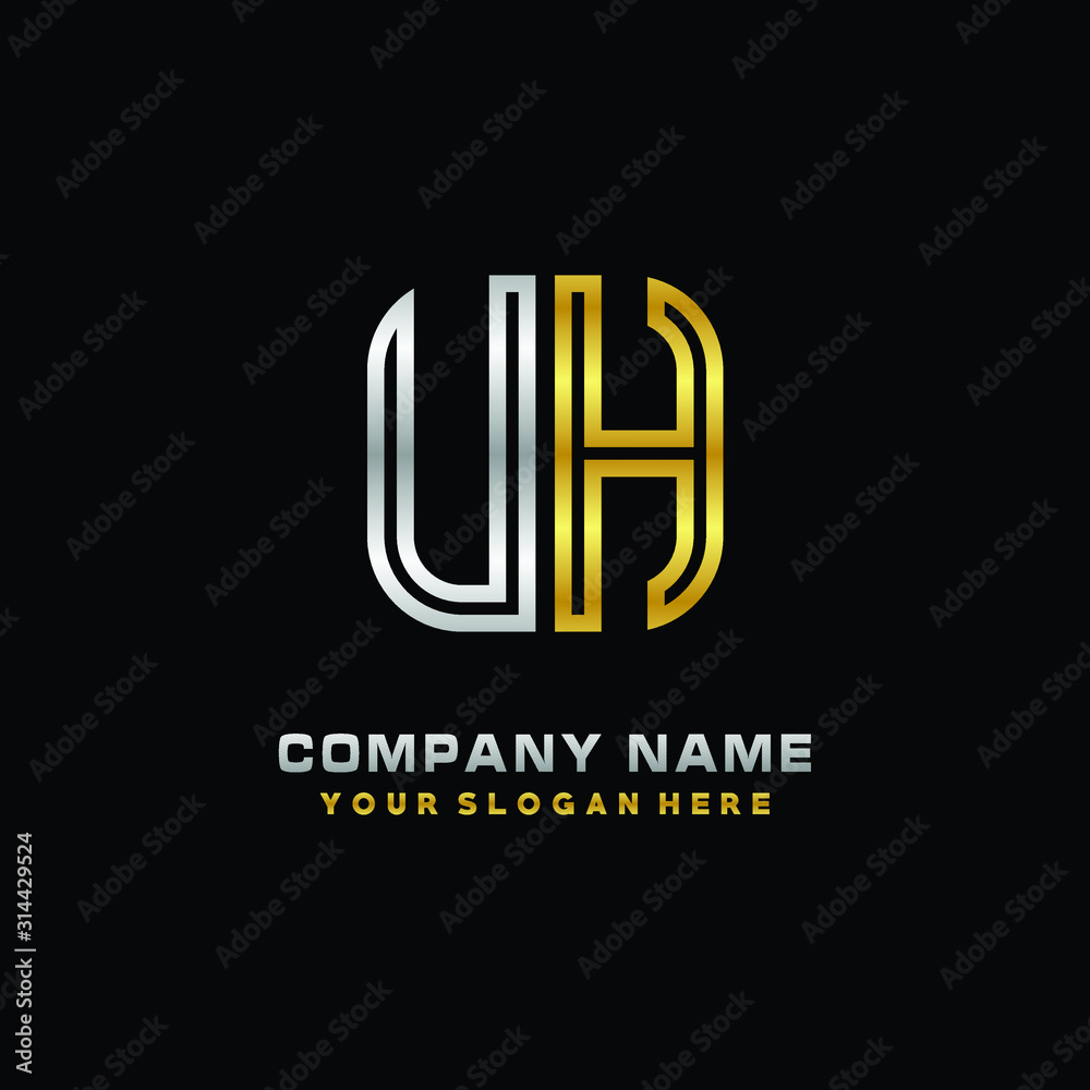 initial letter UH logo Abstract vector minimalist. letter logo gold and silver color initial letter UH logo Abstract vector minimalist. letter logo gold and silver color
