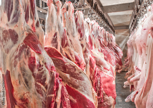 A lot of chopped fresh raw pork meat hanging and arrange and processing deposit in a refrigerator, in a meat factory.