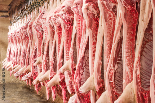 A lot of chopped fresh raw pork meat hanging and arrange and processing deposit in a refrigerator, in a meat factory.