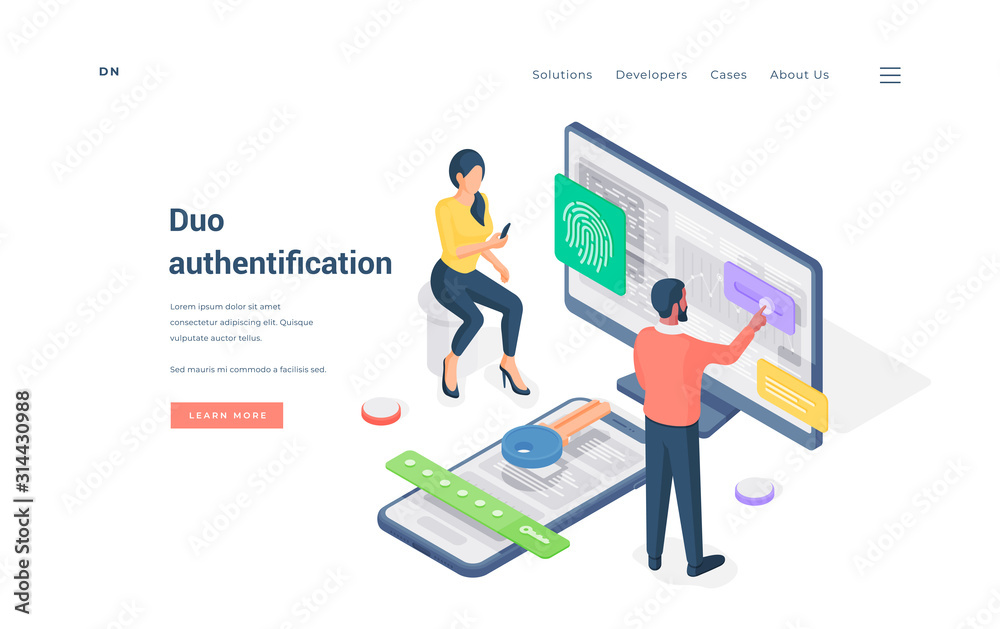 Couple using duo authentication on devices isometric vector illustration.