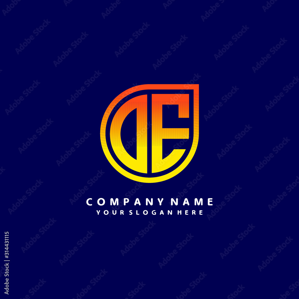 letter DE orange abstract logo, with a blue background