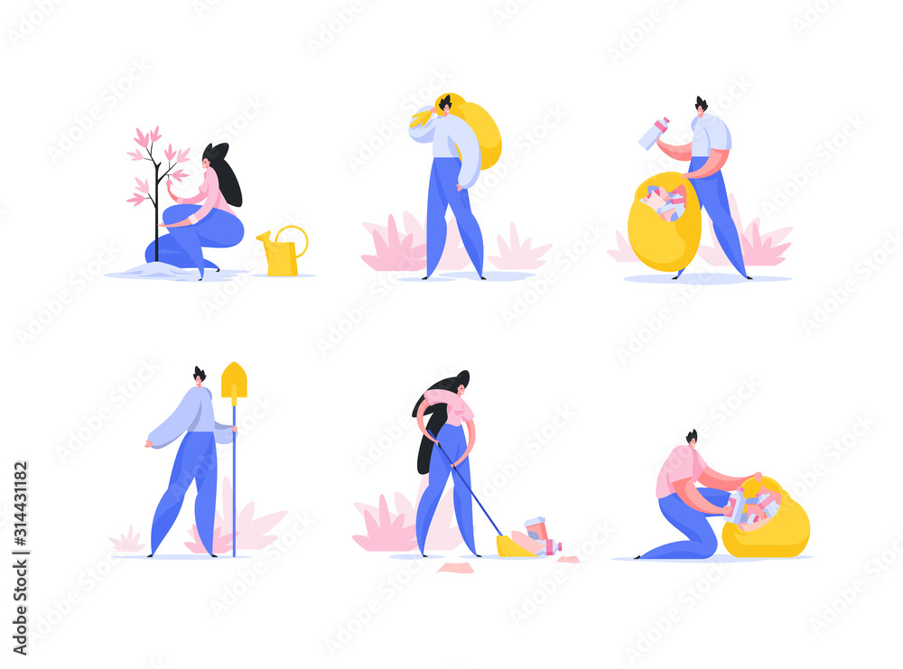 Fototapeta premium Volunteer work, park greening flat vector illustrations set