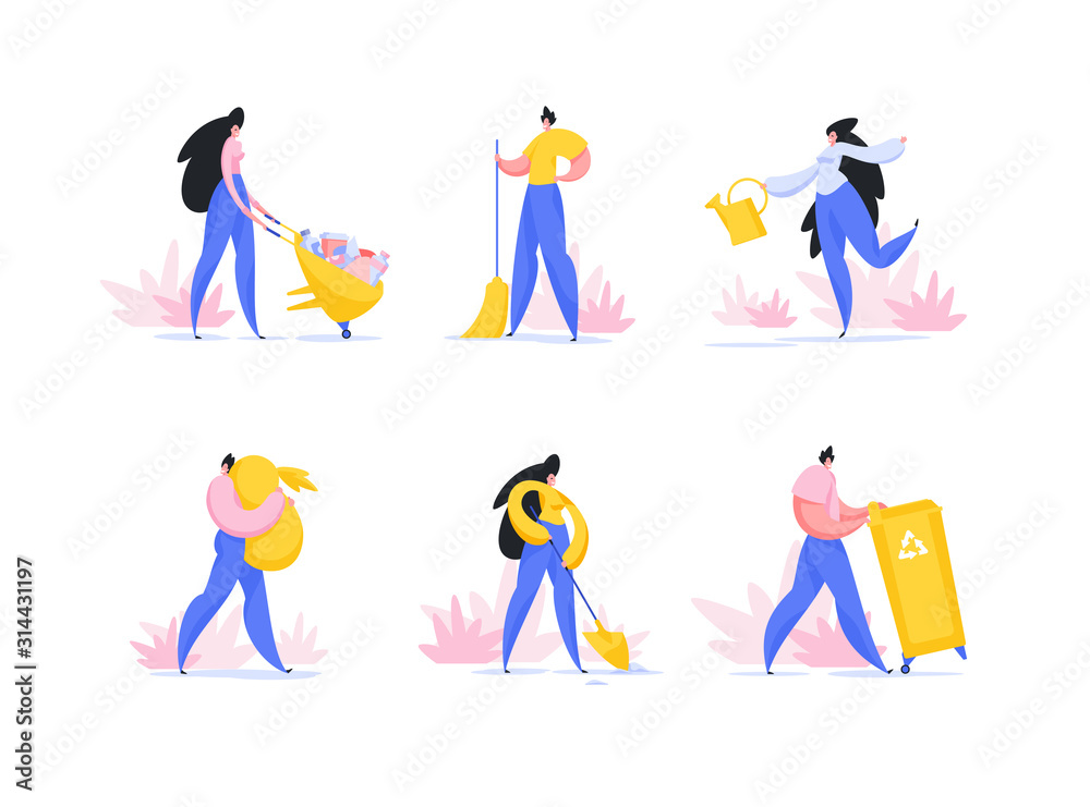 Volunteer activity, city park cleaning flat vector illustrations set