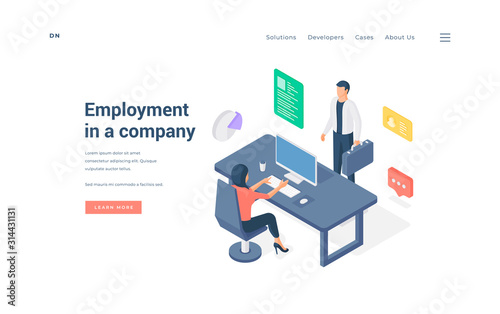 Office employees working in company isometric vector illustration.