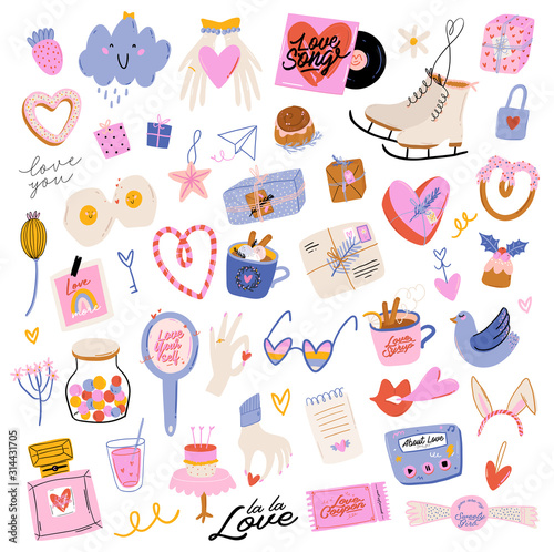 Beautiful love print with Valentines day elements. Romantic and cute elements and lovely typography. Vector hand drawn illustrations and lettering. Good for wedding, scrapbook, logo, t shirt design.
