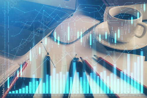 Fototapeta Naklejka Na Ścianę i Meble -  Multi exposure of chart and financial info and work space with computer background. Concept of international online trading.