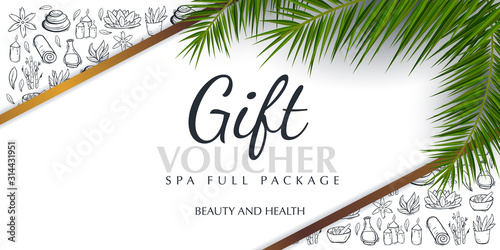 Spa or Beauty saloon Gift voucher with palm leaves and hand draw doodle background.