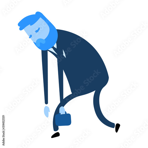 Exhausted cartoon businessman walking. Flat design icon. Colorful flat vector illustration. Isolated on white background.