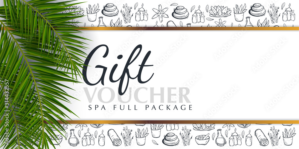 Spa or Beauty saloon Gift voucher with palm leaves and hand draw doodle background.