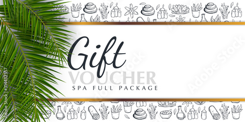 Spa or Beauty saloon Gift voucher with palm leaves and hand draw doodle background.