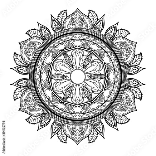 Hand drawn black graphic mandala isolated on a white background.