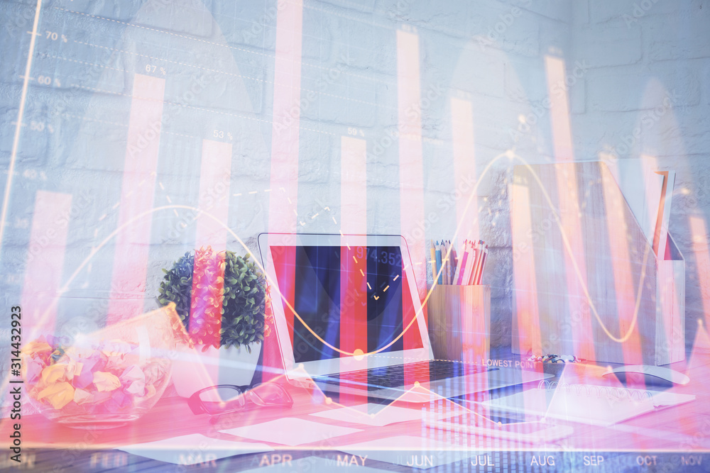 Stock market chart hologram drawn on personal computer background. Multi exposure. Concept of investment.