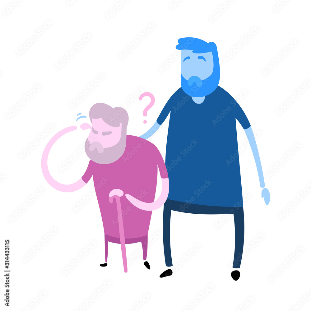 Bearded man helping senior man out. Social worker, helping elder people. Cartoon design icon. Flat vector illustration. Isolated on white background. Bearded man helping senior man out. Social worker, helping elder people. Cartoon design icon. Flat vector illustration. Isolated on white background.
