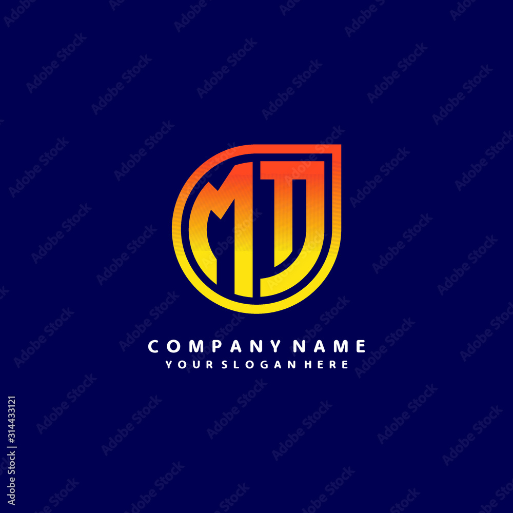 letter MT orange abstract logo, with a blue background