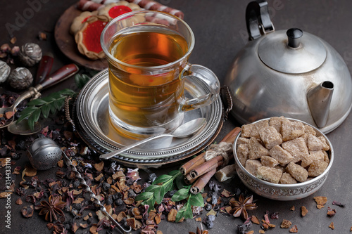 Tea in a cup on an old background