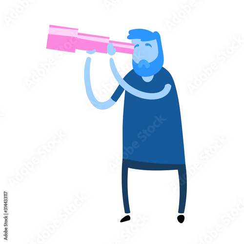 Cartoon man looking through the spyglass. Cartoon design icon. Flat vector illustration. Isolated on white background.