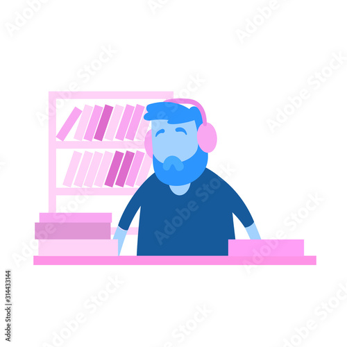 Elderly man, senior man with headphones listening to the music. Flat design icon. Colorful flat vector illustration. Isolated on white background.