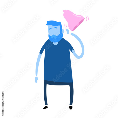 Man hears ringing in his and suffering from tinnitus. Cartoon design icon. Flat vector illustration. Isolated on white background.