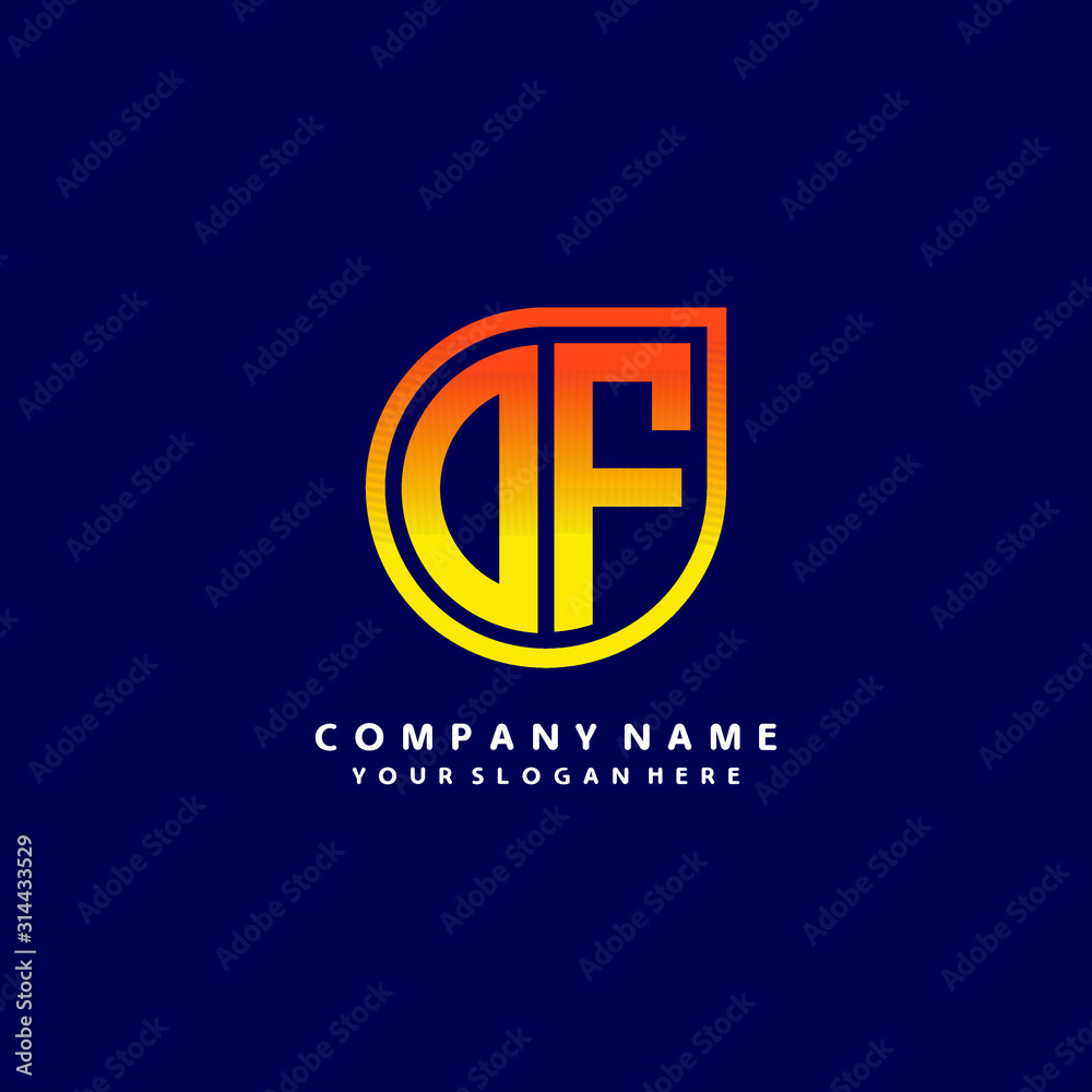 letter OF orange abstract logo, with a blue background